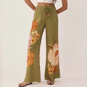 Farm Rio x Anthropologie Floral Wide-Leg Pants with Beaded Tassel Drawstring